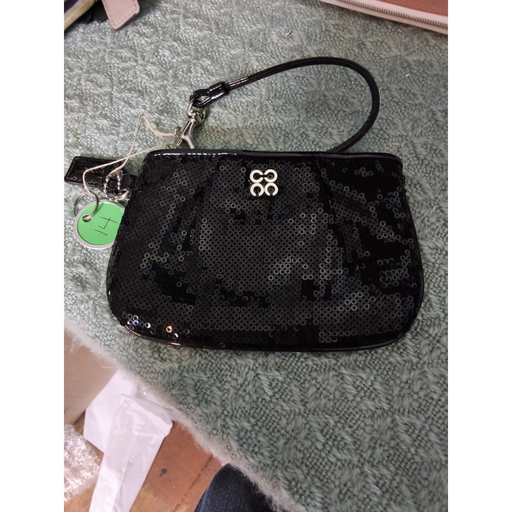 14. Coach Poppy Black Sequin Wristlet Clutch Bag Patent Leather Trim Silver Logo